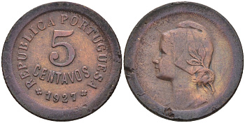 Португалия 5 сентаво 1927 KM 572 бронза 117-343