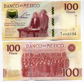 Мексика 100 песо 2016 100 лет конституции (1917-2017), 25 января 2016, signatures: Manuel Ramos Francia & Alejandro Alegre Rabiela Pick 130 d  бумага UNC (пресс) 449-38-3