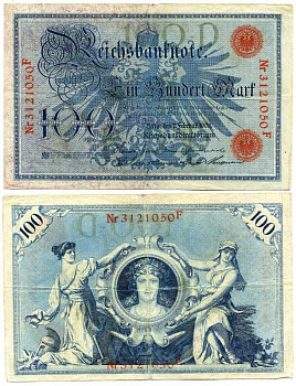 ГЕРМАНИЯ 100 МАРОК 1908 7 ФЕВРАЛЯ 1908, КРАСНАЯ ПЕЧАТЬ, ДЛИННА НОМЕРА СЕРИИ 29 ММ., СЕРИЯ F Pick 33а, Rosenberg 33b бумага 8613-4-1-1