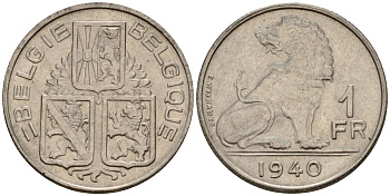 Бельгия 1 франк 1940 Belgie - Belgique KM 120 никель 217-853