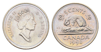 Канада 5 центов 1998 Елизавета II (1952-2022), бобр KM 183 медно-никель UNC 3336-416