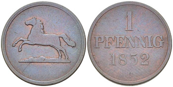 БРАУНШВЕЙГ-ВОЛЬФЕНБЮТТЕЛЬ 1 ПФЕННИГ 1852 В, ВИЛЬГЕЛЬМ (1831-1884) KM 1142 медь 210-147