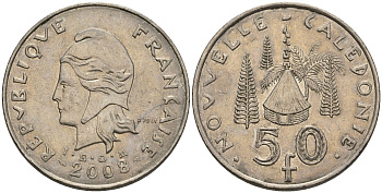 Французская Новая Каледония 50 франков 2008 хижина среди сосен и пальм, (IEOM) KM 13a, Schoen 15a, Lec 128i медно-никель 4111-615