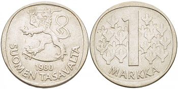 ФИНЛЯНДИЯ 1 МАРКА 1980 K KM 49а медно-никель UNC 3718-827