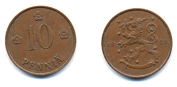 Финляндия 10 пенни 1929 республика (1918-1962) KM 24 медь 46-1652