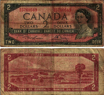 Канада 2 доллара 1973-1975 подпись LAWSON-BOUEY Pick 76 d  бумага   435-43-2-2