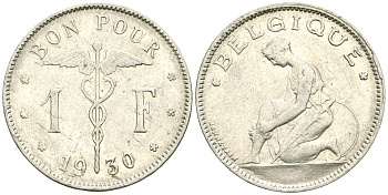 Бельгия 1 франк 1930 KM 89 никель 4177-1026