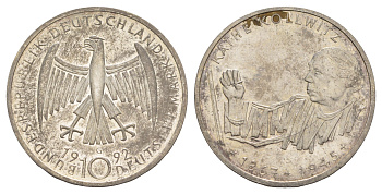 ФРГ 10 марок 1992 G, 125 лет со дня рождения Кете Кольвиц KM 178 серебро UNC 4634-1031