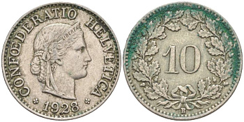 Швейцария 10 раппенов 1928 B KM 27 медно-никель     3309-418