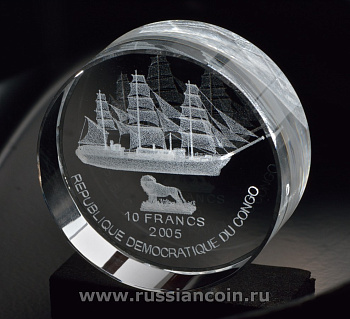 Конго 10 франков 2005 парусник Америго Веспуччи, в коробке с сертификатом, тираж 1000 экз. KM NEW акрил 2-4-2-16