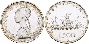 Италия 500 лир 1959 R, корабли Колумба KM 98 серебро 82-636