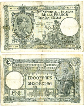 БЕЛЬГИЯ 1000 ФРАНКОВ 1938 Pick 104 бумага 6289-52-1