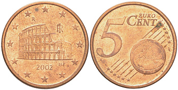 Италия 5 евроцентов 2002 KM 212 сталь плакированная медью UNC 4614-733