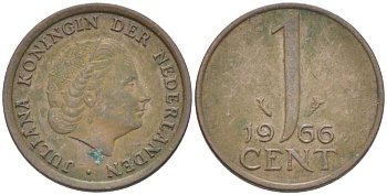 НИДЕРЛАНДЫ 1 ЦЕНТ 1966 ЮЛИАНА (1948-1980) KM 180 бронза 214-1033