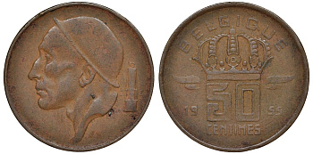 Бельгия 50 сантимов 1955 KM 144 бронза 4174-152