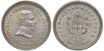 Уругвай 25 сентесимо 1960 KM 40 медно-никель 4169-859