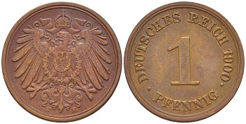 ГЕРМАНИЯ 1 ПФЕННИГ 1900 E KM 10, J. 10, Weege 2 медь 211-248