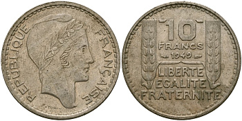 Франция 10 франков 1949 тип Пьер Турин KM 909.1, Le Franc 362.3 медно-никель 4120-1232