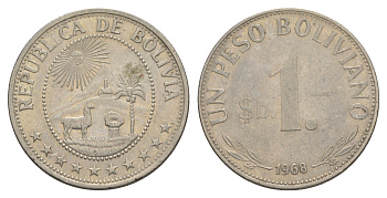 Боливия 1 песо 1968 KM 192 сталь плакированная никелем 4641-944