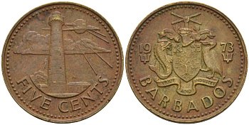 Барбадос 5 центов 1973 маяк Саут-Пойнт KM 11 латунь 4525-1244