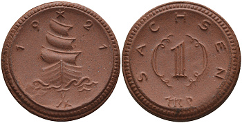 Саксония 1 марка 1921 парусник J. N 55 фарфор 1094-4-15