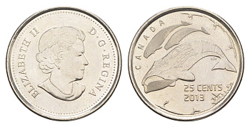 Канада 25 центов 2013 серия жизнь на севере - киты (гренландский и белуха) KM 1547 сталь плакированная никелем UNC 4652-1154