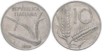 Италия 10 лир 1956 R, плуг KM 93 алюминий    4641-657