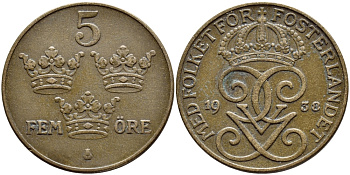 Швеция 5 эре 1938 Густав V (1907-1950) KM 779.2 бронза 4394-935
