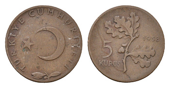 Турция 5 курушей 1958 KM 890.1 бронза 4674-735