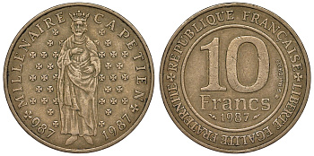 Франция 10 франков 1987 1000 лет первому королю Франции Гуго Капету KM 961 d, Le Franc 371.2 никелированная бронза 4123-642