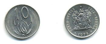 ЮАР 10 ЦЕНТОВ 1975 ГЕРБ, ЦВЕТОК АЛОЭ KM 85 никель UNC 86-1243