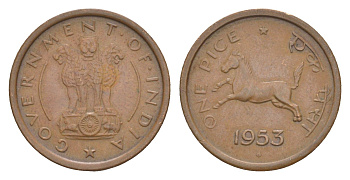 Индия 1 пайс 1953 монетный двор Ромб, лошадь KM 1.4 бронза 4649-345