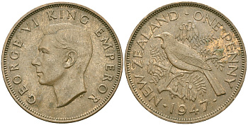 Новая Зеландия 1 пенни 1947 птица туи, король Георг VI (1937 - 1952) KM 13 бронза 88-1041