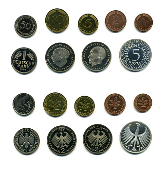 ФРГ набор из 9 монет 1974 J (1, 2, 5, 10, 50 пфеннигов, 1, 2, 2, 5 марок) 5 марок серебро PROOF N5-03