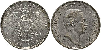 Саксония 3 марки 1908 Е, Фридрих Август III (1904-1918) Weege 132, J. 135, KM 1267 серебро 1515-1315