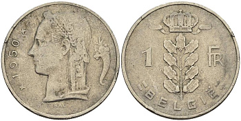 БЕЛЬГИЯ 1 ФРАНК 1950 BELGIE KM 143.1 медно-никель 4546-334
