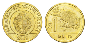 Уругвай 1 песо 2019 KM 136 сталь плакированная латунью UNC 4613-465