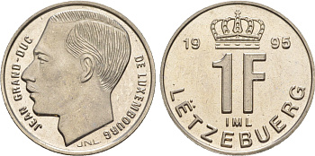 Люксембург 1 франк 1995 Великий герцог Жан (1964-2000), тираж 10.000 экземпляров KM 63 сталь плакированная никелем  BU  4635-1222