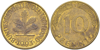 ФРГ 10 пфеннигов 1993 A KM 108, J. 383 сталь плакированная латунью 3459-212