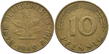 ФРГ 10 ПФЕННИГОВ 1949 J KM 103, J.378 сталь плакированная латунью 75-611