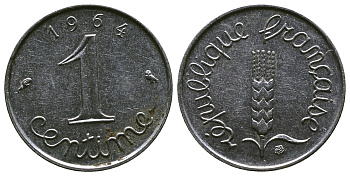 ФРАНЦИЯ 1 САНТИМ 1964 KM 928 хромированная сталь 4381-612