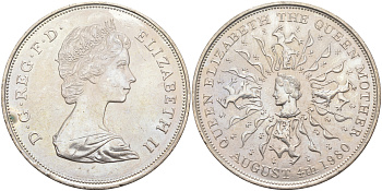 Великобритания 25 пенсов 1980 80 лет королеве Елизавете-королеве матери, Елизавета II (1952-2022) KM 921, Spink 2228 медно-никель 4552-511