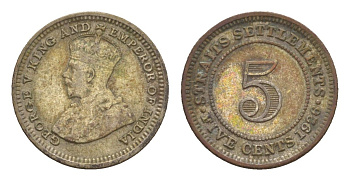 Стрейтс-Сетлментс (Стрейтс Сетлментс) 5 центов 1926 Георг V (1910-1936) KM 36 серебро 4655-653