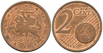 Литва 2 евроцента 2017 KM 206 сталь плакированная медью 4585-121