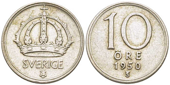 Швеция 10 эре 1950 TS, Густав V (1907-1950) KM 813 серебро 116-1211