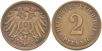ГЕРМАНИЯ 2 ПФЕННИГА 1911 D KM 16, J. 11, Weege 4 медь 206-559