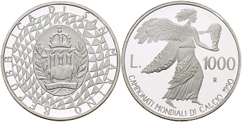 Сан-Марино 1000 лир 1990 R, Чемпионат мира по футболу в Италии 1990 года, богиня победы Ника несет кубок KM 247 серебро PROOF 1074-8-14