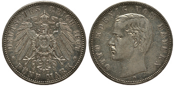 Бавария 5 марок 1907 Отто (1886-1913) Weege 47, J. 46, KM 512 серебро 3711-1525