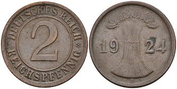 Германия 2 рейхспфеннига 1924 A KM 38, J. 314 бронза 4147-1237