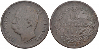 ИТАЛИЯ 10 ЧЕНТЕЗИМО 1893 B/I, УМБЕРТО I (1878-1900) KM 27.1 медь 114-622
